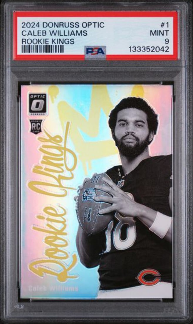 PSA 9 Mint 2024 Donruss Optic Kings Rookie Caleb Williams Card: PSA 9 Mint 2024 Donruss Optic Kings Rookie Caleb Williams Card This is a 2024 Panini Donruss Optic #1 Kings rookie card featuring Caleb Williams. The card has been professionally graded as Mint 9 by P