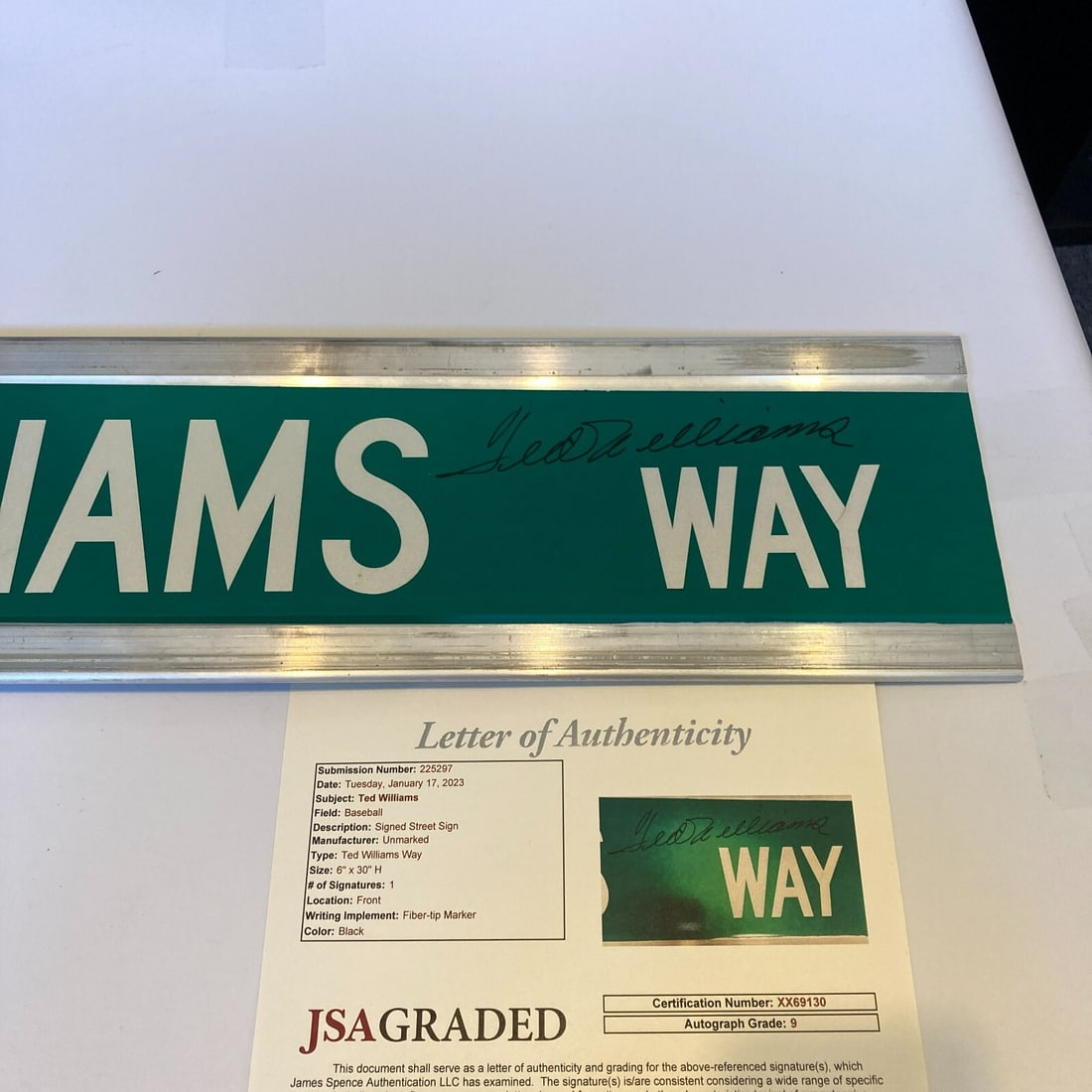 Ted Williams Signed 6x30 Street Sign JSA Authenticated Mint (1 of 7)