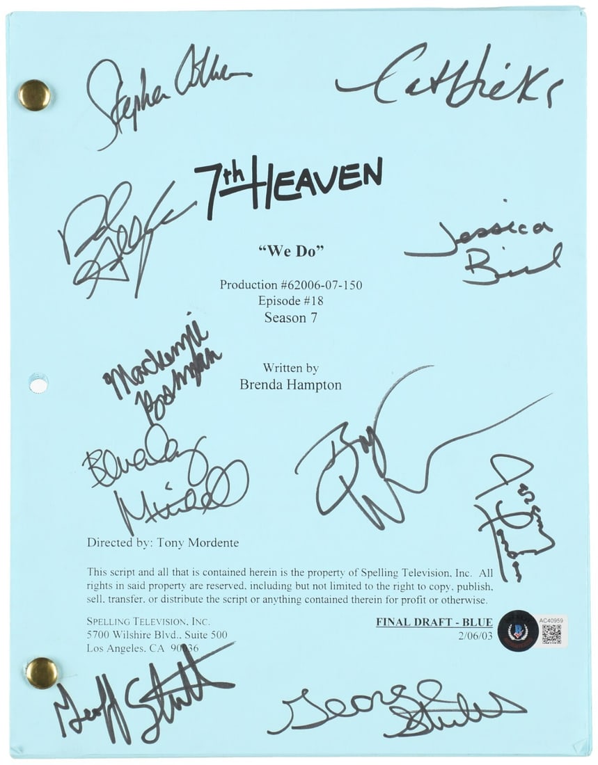 7th Heaven Season 7 Episode 18 Signed Script 10 Autos Beckett COA: 7th Heaven Season 7 Episode 18 Signed Script 10 Autos Beckett COA This is an original movie script from the iconic show 7th Heaven, featuring the signatures of 10 cast members, including notable actor