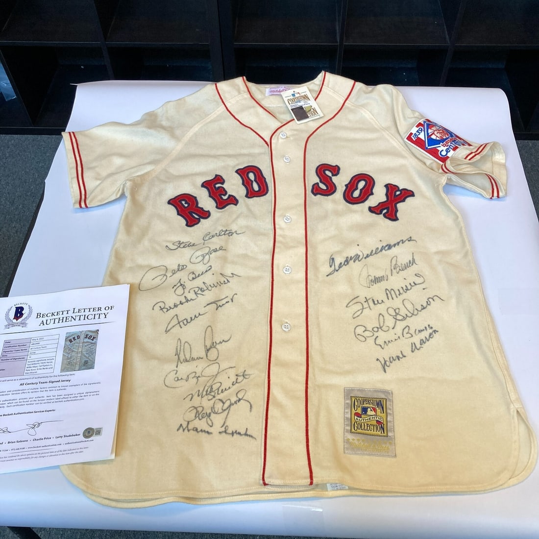 Ted Williams Signed 1939 Red Sox Jersey 16 All-Century Team Sigs JSA COA: Ted Williams Signed 1939 Red Sox Jersey 16 All-Century Team Sigs JSA COA This remarkable 1939 Ted Williams Boston Red Sox home jersey is a must-have for any baseball enthusiast. Crafted by Mitchell &