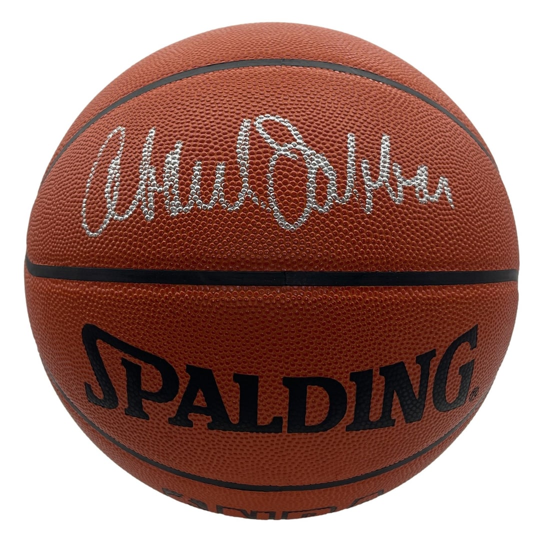 Spalding NBA Leather Basketball Autographed by Kareem Abdul-Jabbar with BAS COA: Spalding NBA Leather Basketball Autographed by Kareem Abdul-Jabbar with BAS COA This Spalding NBA leather game basketball features the signature of Kareem Abdul-Jabbar, a Hall of Fame basketball playe