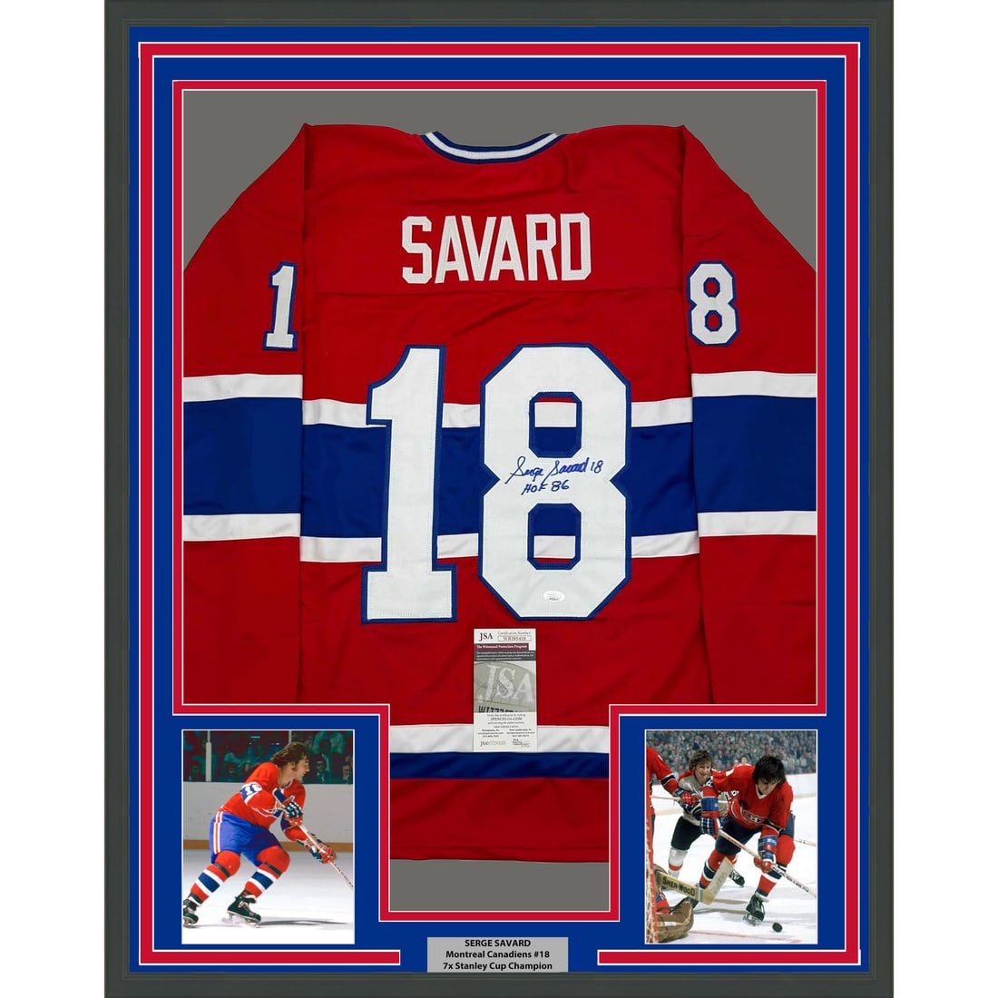 Framed Serge Savard Autographed Jersey HOF 86 Montreal Canadiens JSA COA: Framed Serge Savard Autographed Jersey HOF 86 Montreal Canadiens JSA COA This stunning framed autographed jersey features the legendary Serge Savard, a Hall of Famer from the Montreal Canadiens. The j