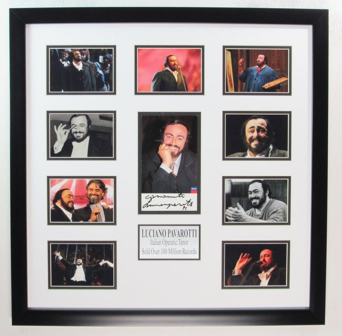Luciano Pavarotti Autographed Photo Collage Framed PSA Certified 24x24: Luciano Pavarotti Autographed Photo Collage Framed PSA Certified 24x24 This stunning framed photo collage features Luciano Pavarotti, the renowned Italian opera tenor. This original autographed piece