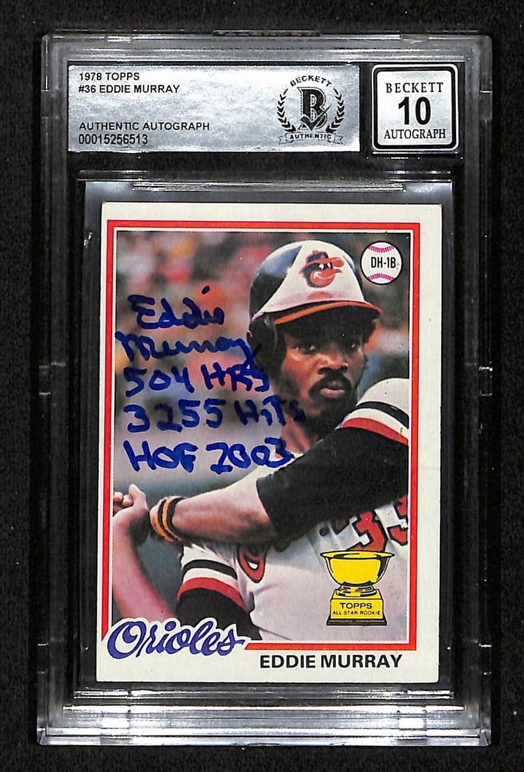 Eddie Murray 1978 Topps Rookie Card #36 Signed BAS Auto 10: Eddie Murray 1978 Topps Rookie Card #36 Signed BAS Auto 10 This listing features an original 1978 TOPPS Rookie Card #36 of Eddie Murray, a Hall of Fame baseball player. The card is signed and inscribe