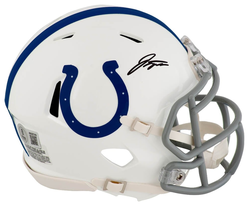 Indianapolis Colts mini helmet autographed by Jonathan Taylor with COA: Indianapolis Colts mini helmet autographed by Jonathan Taylor with COA This is a pre-owned Indianapolis Colts Riddell Speed mini helmet signed by Jonathan Taylor. The autograph is authenticated with a