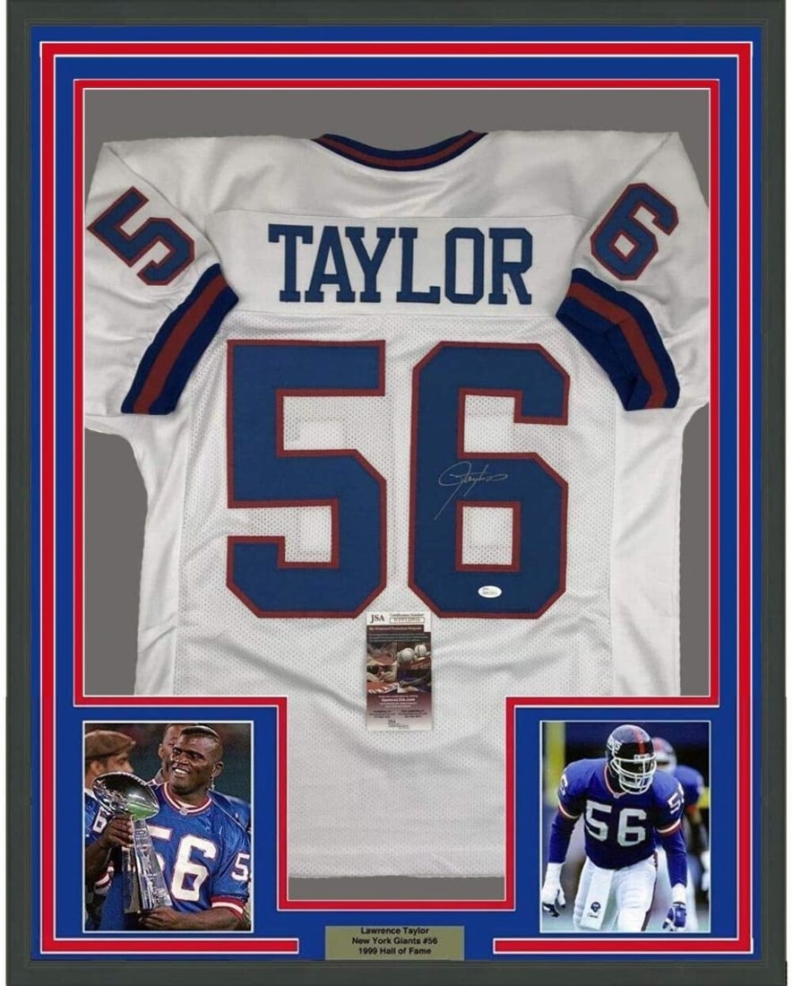 Lawrence Taylor Signed New York Giants White Jersey Framed 33x42 JSA Authenticated: Lawrence Taylor Signed New York Giants White Jersey Framed 33x42 JSA Authenticated This professionally framed and matted New York Giants white jersey is autographed by Lawrence Taylor. The display inc