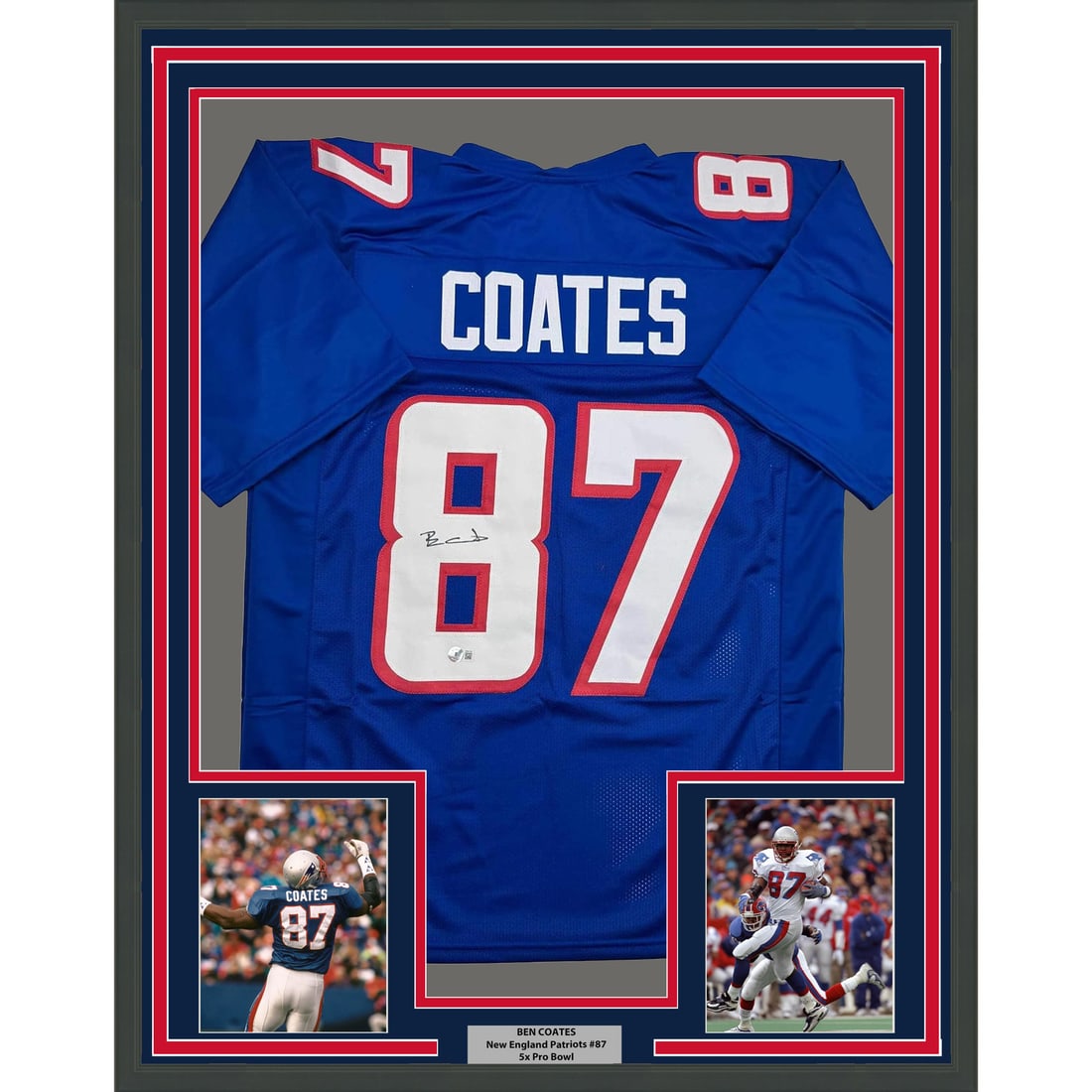 Ben Coates Signed Patriots Jersey Framed with Beckett COA and 5x7 Photos 35x39: Ben Coates Signed Patriots Jersey Framed with Beckett COA and 5x7 Photos 35x39 This is a professionally framed and matted New England Patriots blue jersey autographed by Ben Coates. The display includ