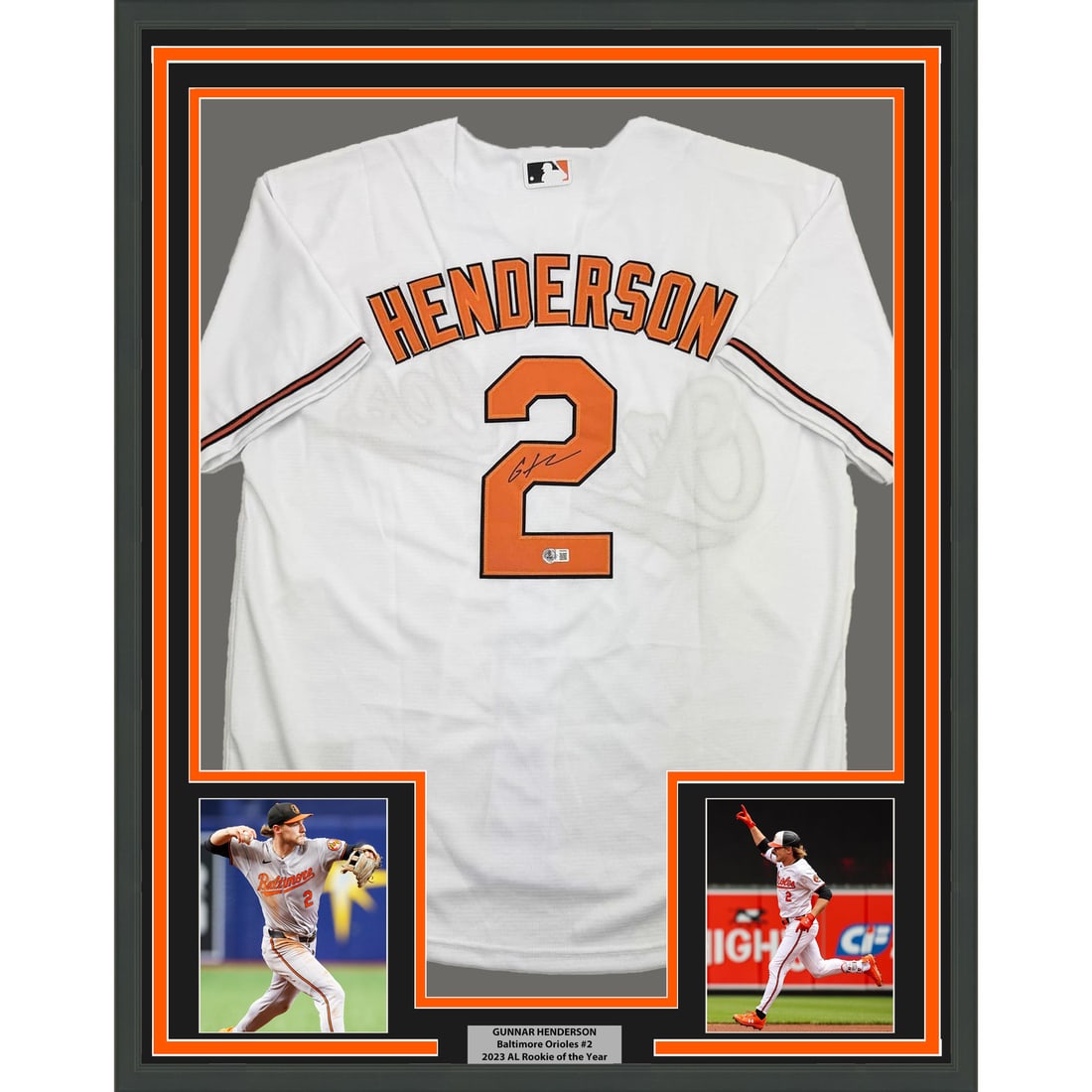 Framed Gunnar Henderson Autographed Jersey 35x39 BAS COA Orioles: Framed Gunnar Henderson Autographed Jersey 35x39 BAS COA Orioles Celebrate the achievements of Gunnar Henderson with this professionally framed and autographed 35x39 white baseball jersey. This origin