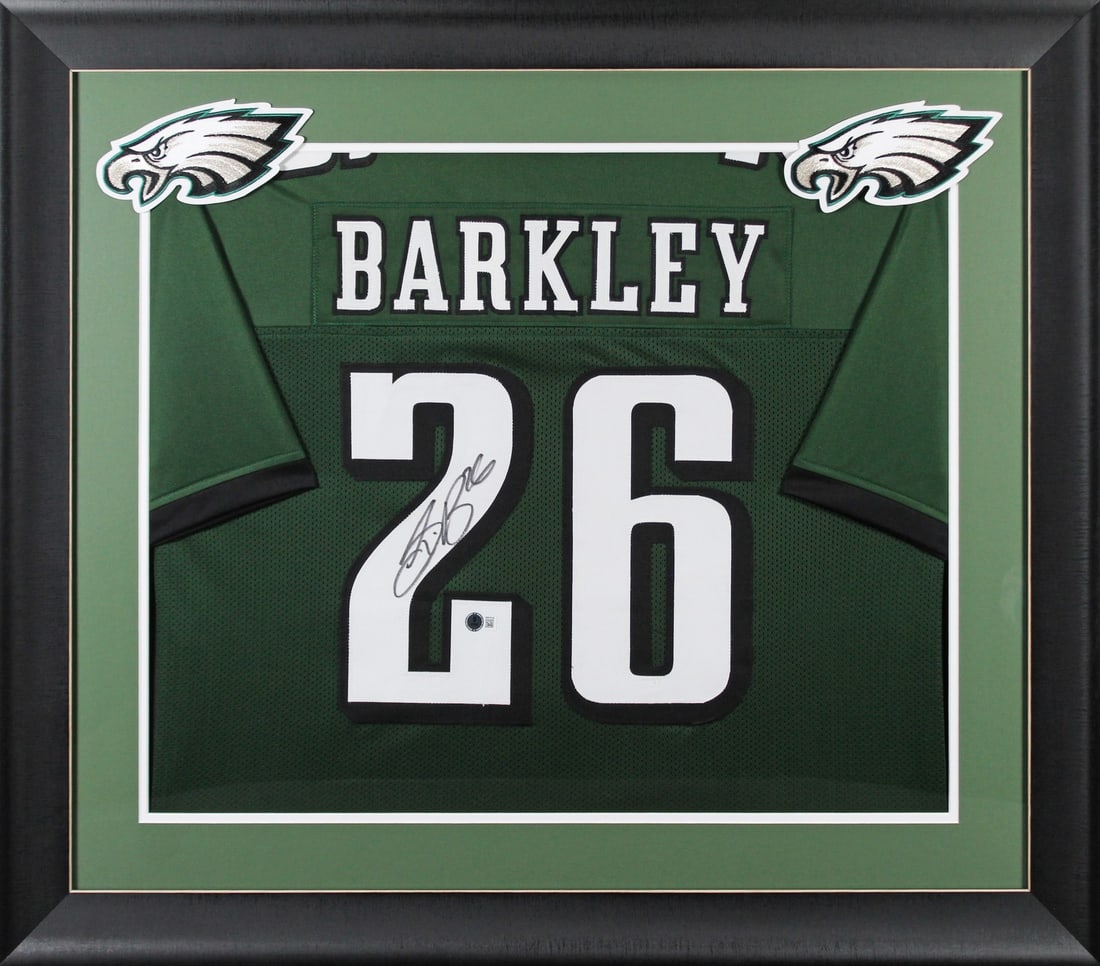Framed Green Jersey Signed by Saquon Barkley with Beckett Witness Authentication: Framed Green Jersey Signed by Saquon Barkley with Beckett Witness Authentication This green Pro Style jersey has been personally signed by Saquon Barkley of the Philadelphia Eagles. The jersey is prof