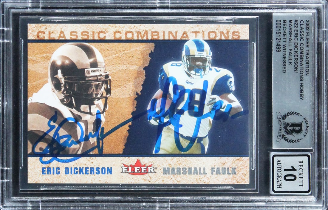 Eric Dickerson Marshall Faulk Signed 2002 Fleer Tradition Card Gem Mint 10 Beckett: Eric Dickerson Marshall Faulk Signed 2002 Fleer Tradition Card Gem Mint 10 Beckett This stunning 2002 Fleer Tradition Classic Combinations Hobby #22 card features the signatures of NFL legends Eric Di
