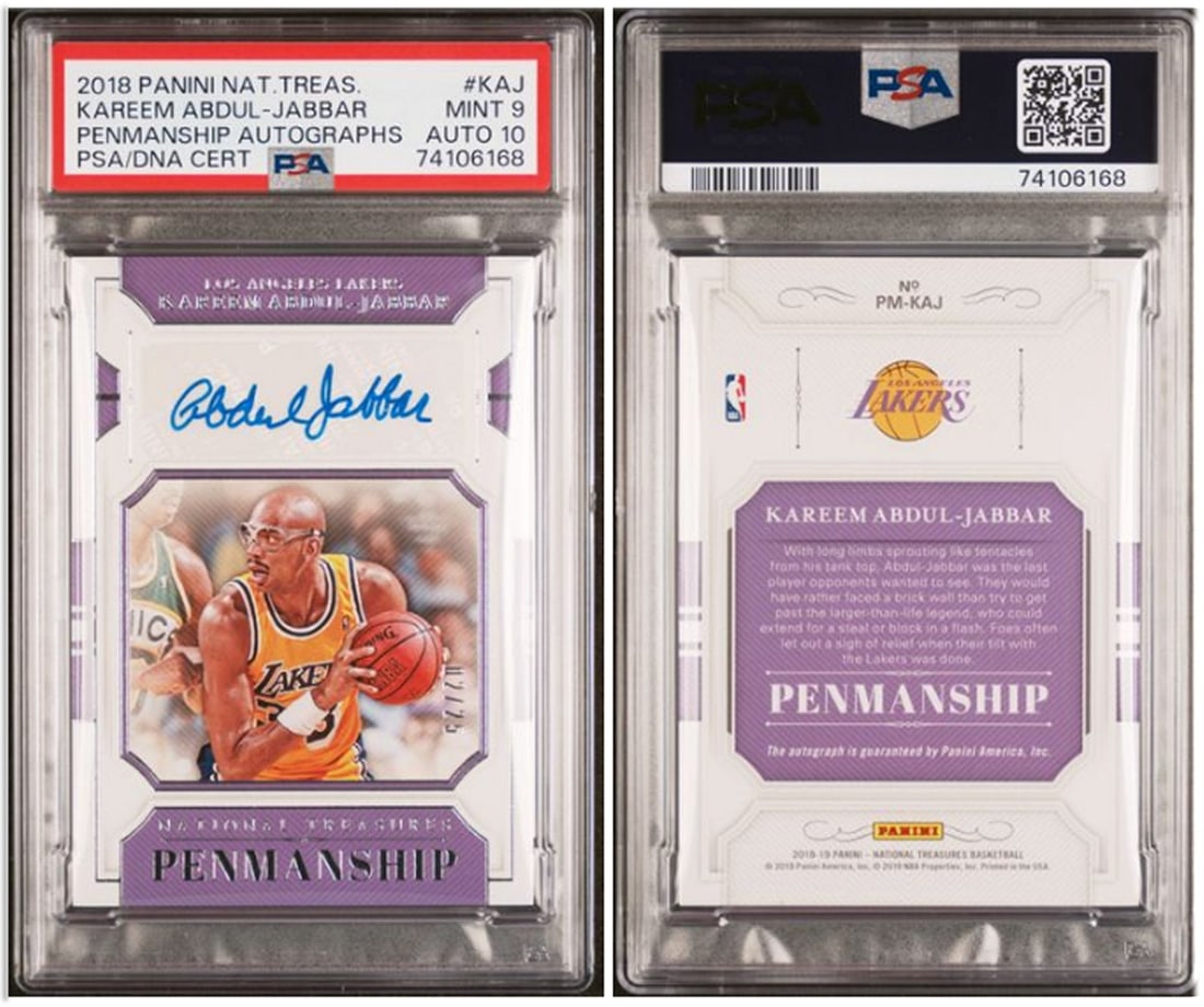 Kareem Abdul Jabbar 2018 National Treasures Penmanship Auto PSA 9/10 Limited 2/25: Kareem Abdul Jabbar 2018 National Treasures Penmanship Auto PSA 9/10 Limited 2/25 This collectible features a 2018 National Treasures Penmanship card showcasing the legendary Kareem Abdul-Jabbar. Grad