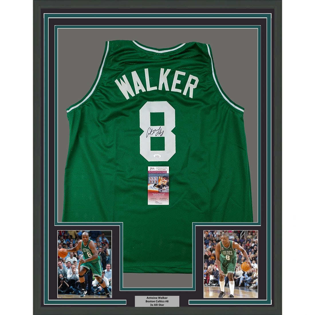 Framed Autographed Antoine Walker Boston Celtics Jersey JSA COA: Framed Autographed Antoine Walker Boston Celtics Jersey JSA COA Celebrate your love for basketball with this professionally framed and matted autographed Antoine Walker Boston Celtics jersey. The jers