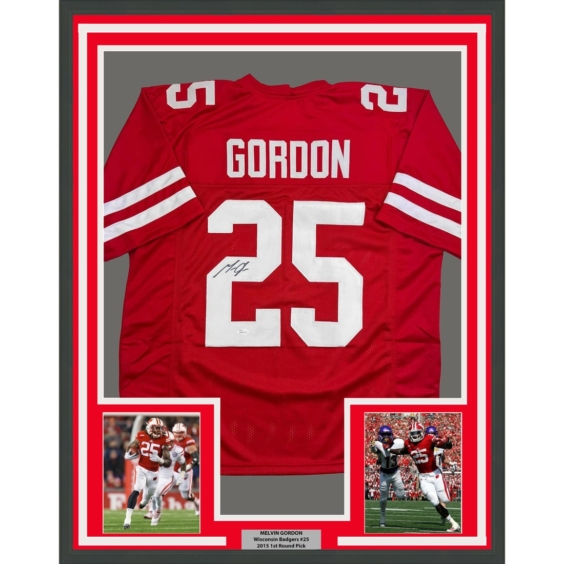 Melvin Gordon Signed Wisconsin Jersey Framed with JSA COA and Two 5x7 Photos: Melvin Gordon Signed Wisconsin Jersey Framed with JSA COA and Two 5x7 Photos This framed Melvin Gordon Wisconsin Badgers college jersey features an authentic autograph, authenticated by James Spence A