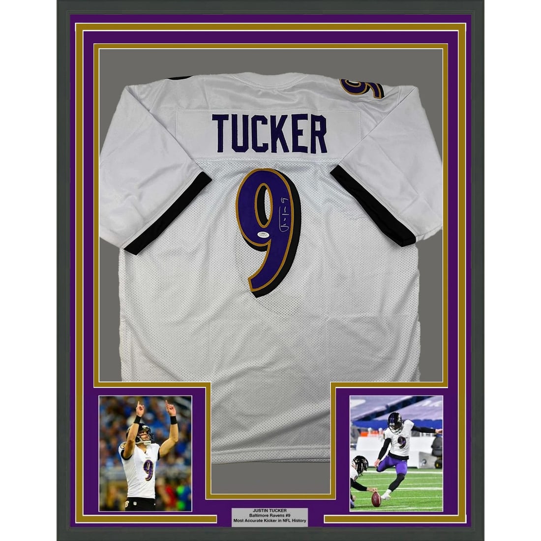 Framed Autographed Justin Tucker Baltimore Ravens Jersey with JSA COA: Framed Autographed Justin Tucker Baltimore Ravens Jersey with JSA COA This professionally framed and matted display features an autographed Justin Tucker white jersey, showcasing the star kicker of th