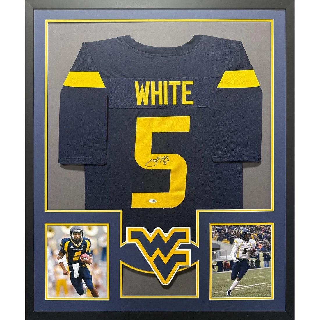 Framed Pat White West Virginia Jersey Signed with JSA Authentication: Framed Pat White West Virginia Jersey Signed with JSA Authentication This framed jersey features the autograph of Pat White and represents West Virginia. The jersey is authenticated by JSA and include