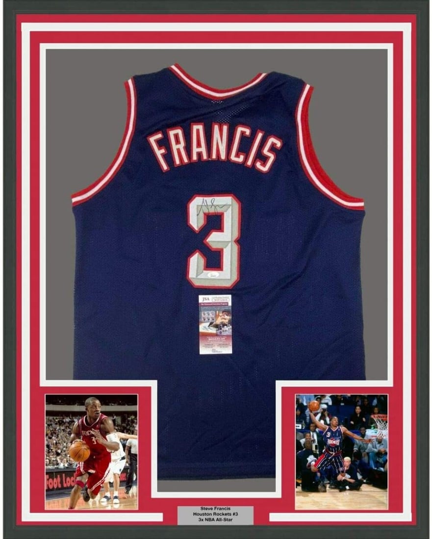 Framed Autographed Steve Francis Houston Rockets Jersey JSA COA 33x42: Framed Autographed Steve Francis Houston Rockets Jersey JSA COA 33x42 This professionally framed and matted autographed jersey features Steve Francis, a prominent player of the Houston Rockets. Measur