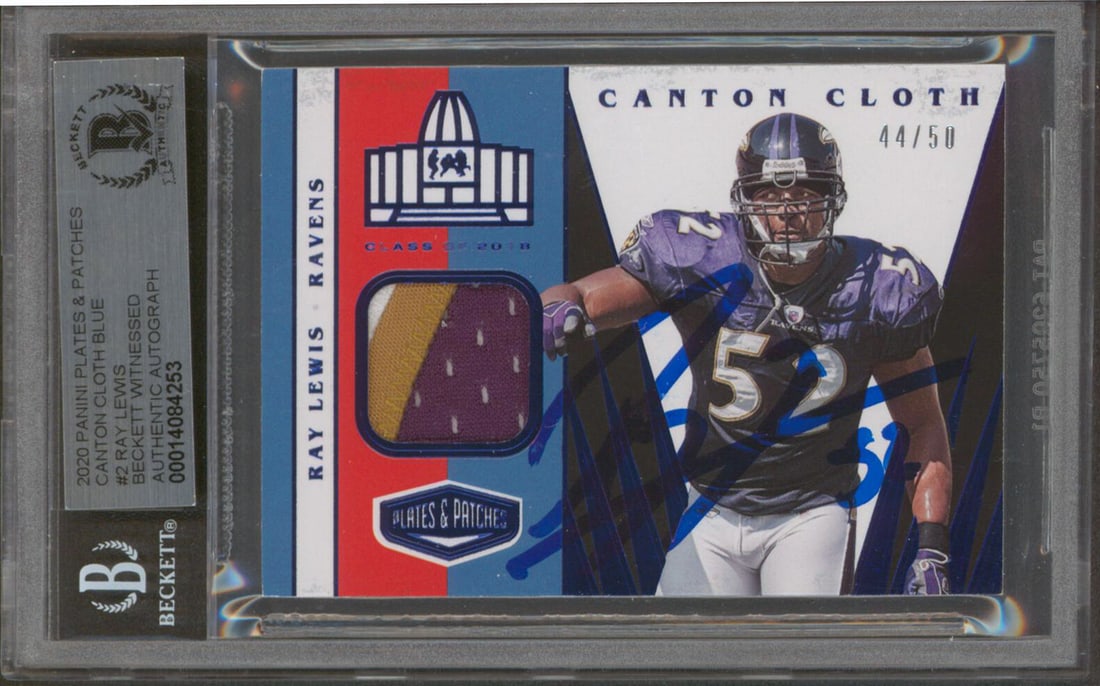 Ray Lewis Signed 2020 Panini Plates & Patches Blue #2 44/50 Gem Mint 10 Card BAS: Ray Lewis Signed 2020 Panini Plates & Patches Blue #2 44/50 Gem Mint 10 Card BAS This is a 2020 Panini Plates & Patches Canton Cloth Blue #2 card, numbered 44/50, personally signed by Ray Lewis, the l