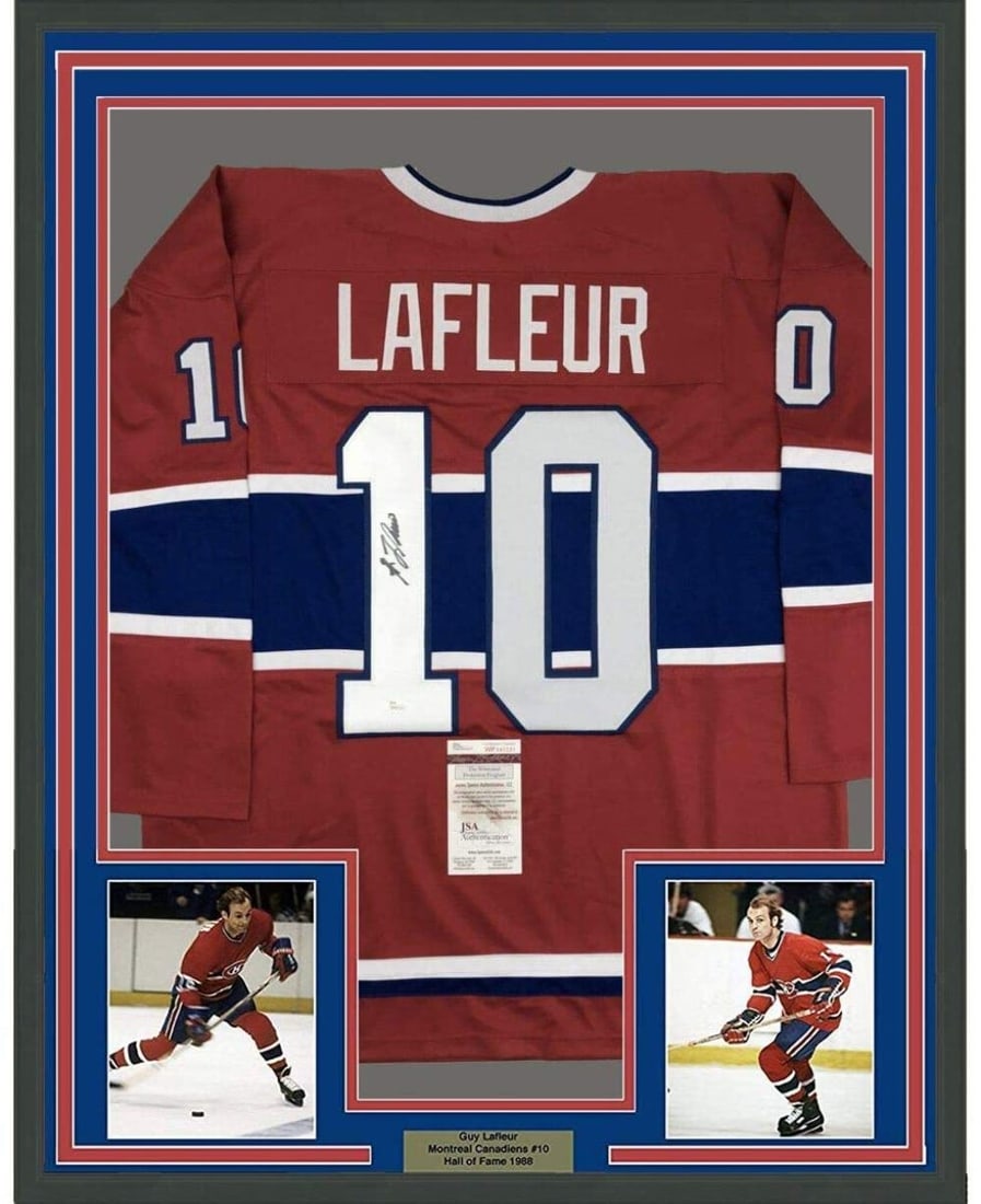 Framed Guy LaFleur Autographed Montreal Canadiens Jersey with JSA COA: Framed Guy LaFleur Autographed Montreal Canadiens Jersey with JSA COA This professionally framed and matted autographed jersey features the legendary Guy LaFleur of the Montreal Canadiens. Measuring 3