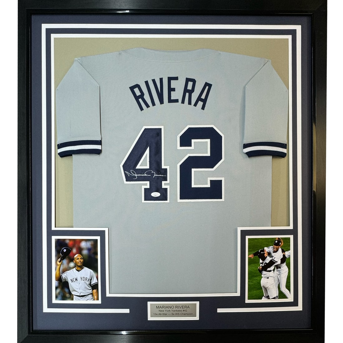 Framed Autographed Mariano Rivera New York Yankees Jersey JSA COA: Framed Autographed Mariano Rivera New York Yankees Jersey JSA COA Celebrate the legacy of baseball legend Mariano Rivera with this stunning framed autographed New York Yankees grey jersey. This authen