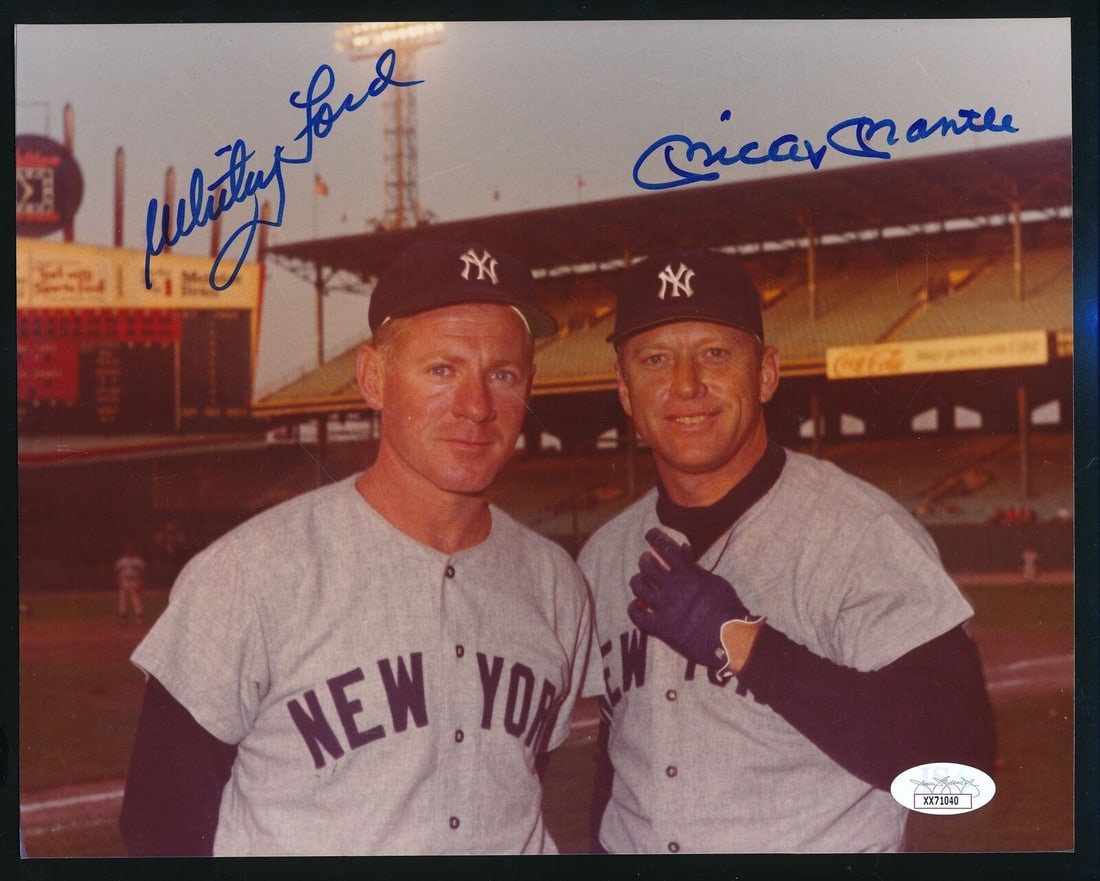Mickey Mantle Whitey Ford Dual Signed 8x10 Photo JSA Yankees: Mickey Mantle Whitey Ford Dual Signed 8x10 Photo JSA Yankees This is an authentic Mickey Mantle and Whitey Ford dual-autographed 8x10 photo featuring the iconic New York Yankees. The autographs are ve