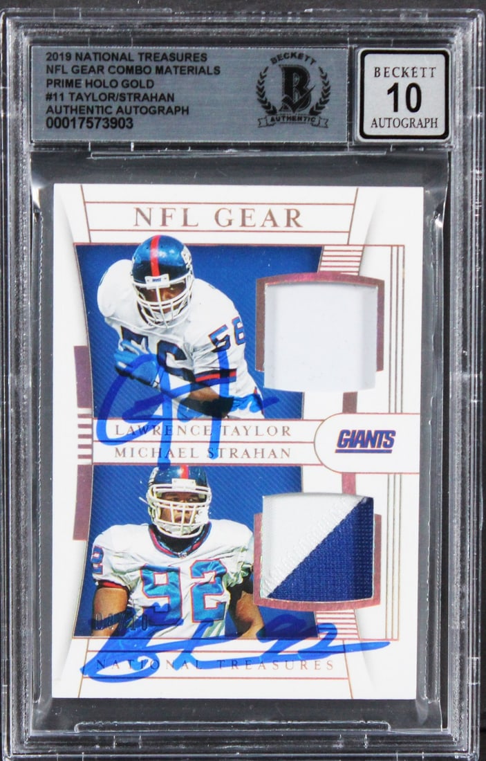 Lawrence Taylor Michael Strahan Signed 2019 NFL GCM #11 Gem Mint 10 Beckett Slab: Lawrence Taylor Michael Strahan Signed 2019 NFL GCM #11 Gem Mint 10 Beckett Slab This stunning 2019 National Treasures NFL Gear Combo Materials Prime Holo Gold #11 card features the autographs of foot