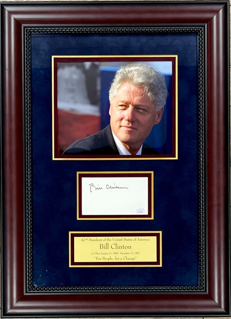 Bill Clinton Signed Custom Framed Display with JSA Authentication 22 x 16: Bill Clinton Signed Custom Framed Display with JSA Authentication 22 x 16 This custom framed display features the authentic autograph of Bill Clinton, the 42nd President of the United States. The sign