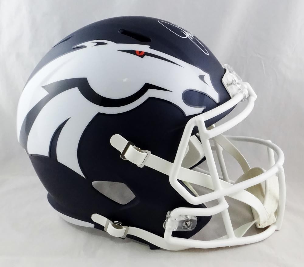 Denver Broncos AMP Speed Helmet Signed by John Elway Beckett Authenticated: Denver Broncos AMP Speed Helmet Signed by John Elway Beckett Authenticated This Denver Broncos full-size AMP Speed helmet features the autograph of John Elway. The helmet is authenticated by Beckett a