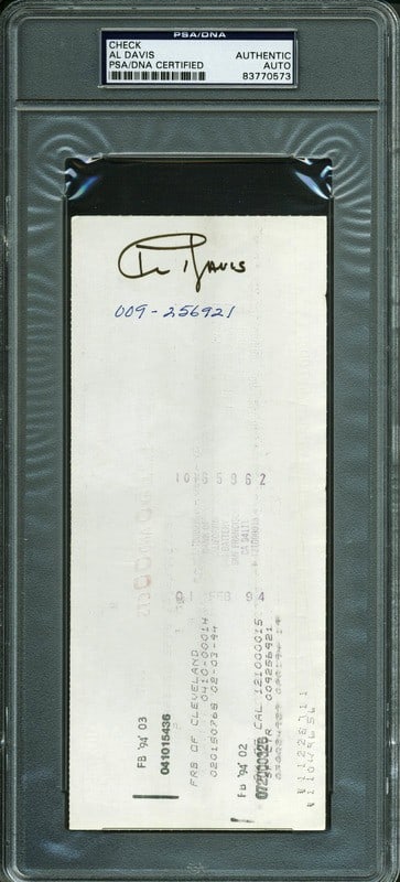 Al Davis Signed 3.5x8.35 Raiders Hall of Fame Check PSA/DNA: Al Davis Signed 3.5x8.35 Raiders Hall of Fame Check PSA/DNA This is a remarkable collectible featuring a 3.5x8.35 Pro Football Hall of Fame check personally signed by Al Davis, the legendary owner of