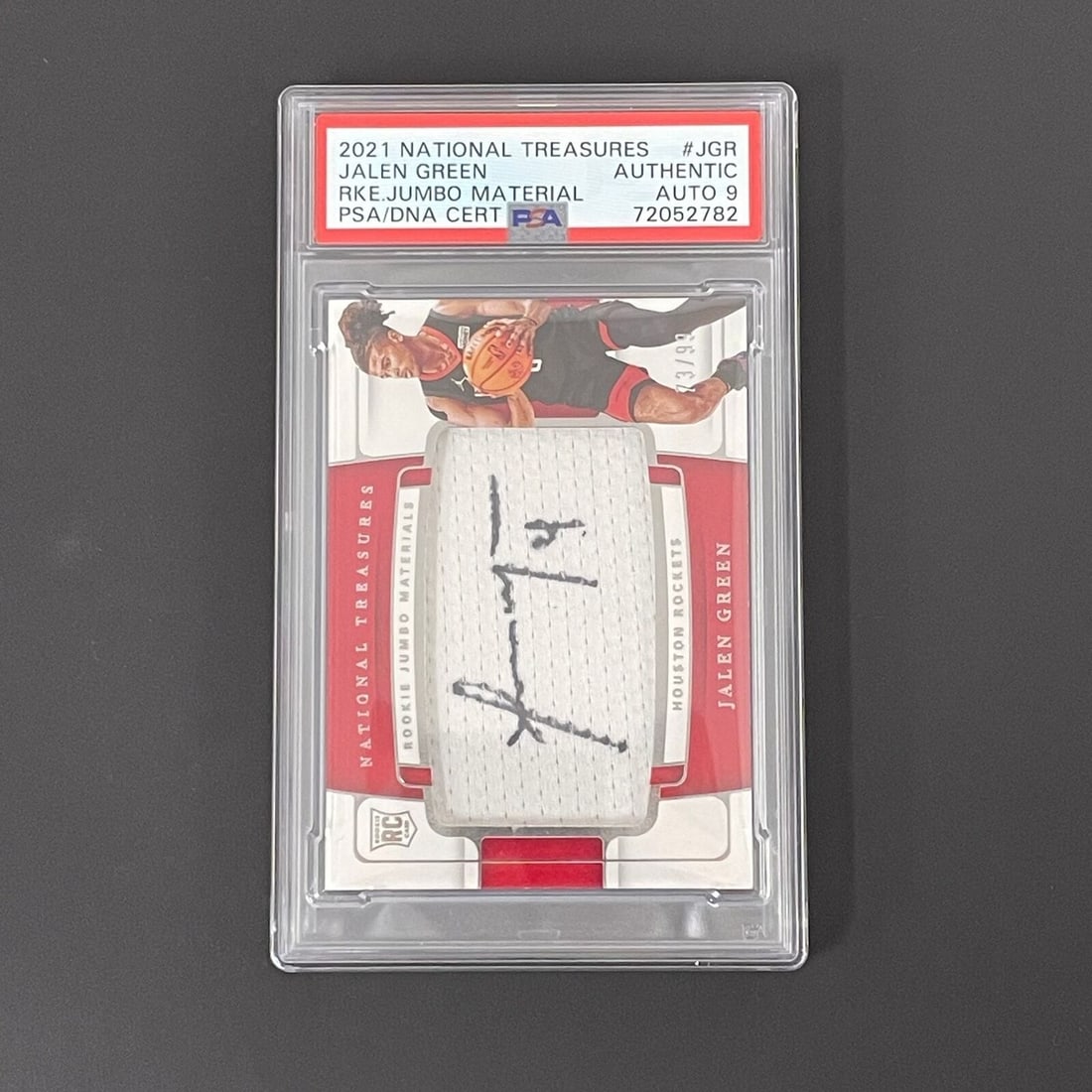 Jalen Green Signed 2021 National Treasures Rookie Jumbo Patch PSA 9 RC: Jalen Green Signed 2021 National Treasures Rookie Jumbo Patch PSA 9 RC This is a Jalen Green signed 2021 National Treasures Rookie Jumbo RPA/99 sports trading card. Graded a PSA 9, this card features