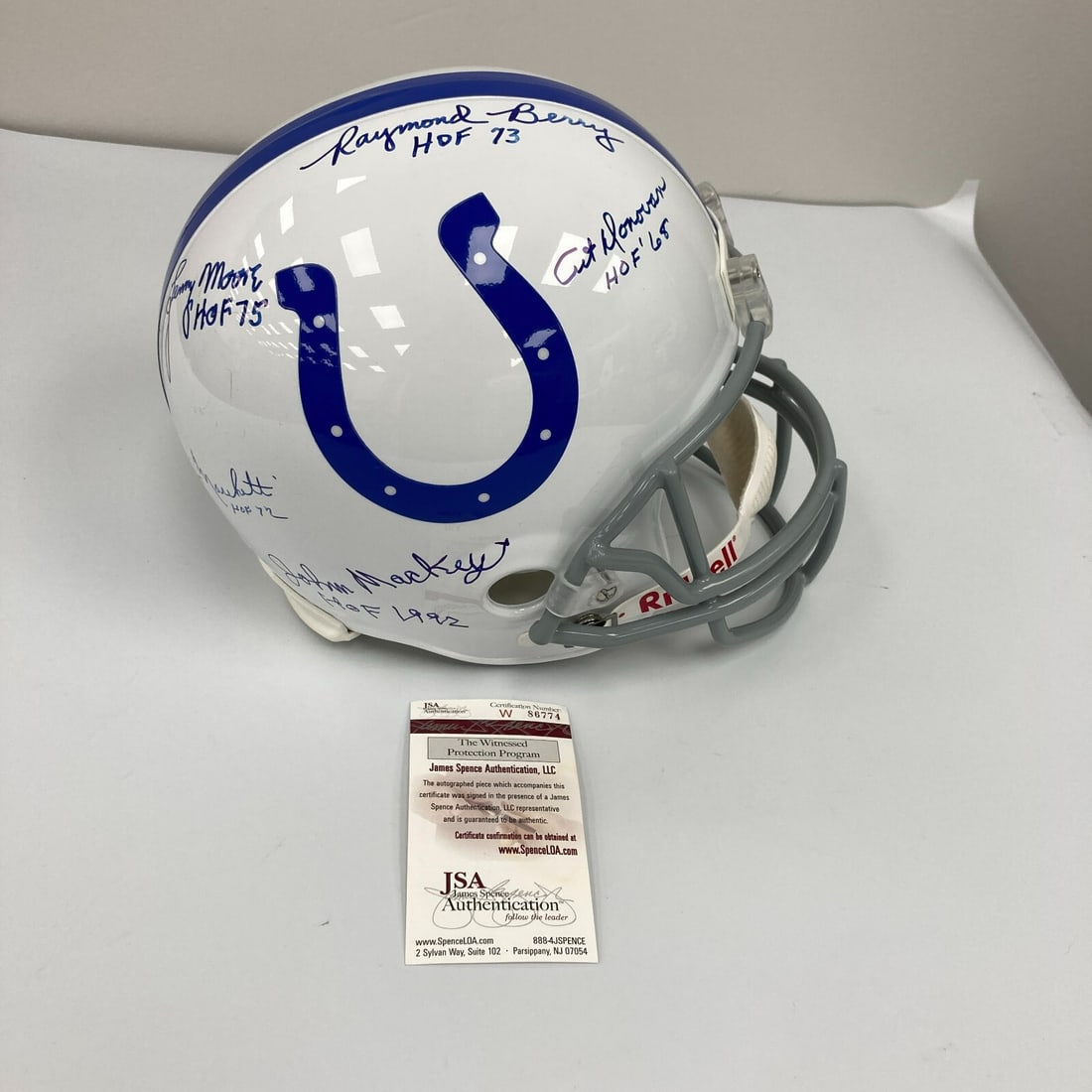 Baltimore Colts Signed Full Size Helmet by Donovan Moore Berry Mackey JSA: Baltimore Colts Signed Full Size Helmet by Donovan Moore Berry Mackey JSA This is a full-size football helmet signed by four legendary Baltimore Colts players: Art Donovan, Lenny Moore, Raymond Berry,