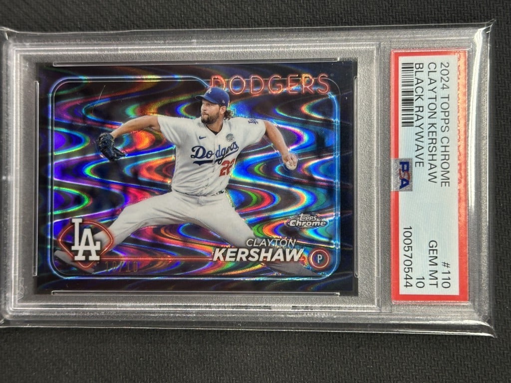 Clayton Kershaw 2024 Topps Chrome Black Raywave PSA 10 Dodgers Card #110: Clayton Kershaw 2024 Topps Chrome Black Raywave PSA 10 Dodgers Card #110 Enhance your collection with this 2024 Topps Chrome Black Raywave baseball card featuring Clayton Kershaw. This premium card ha