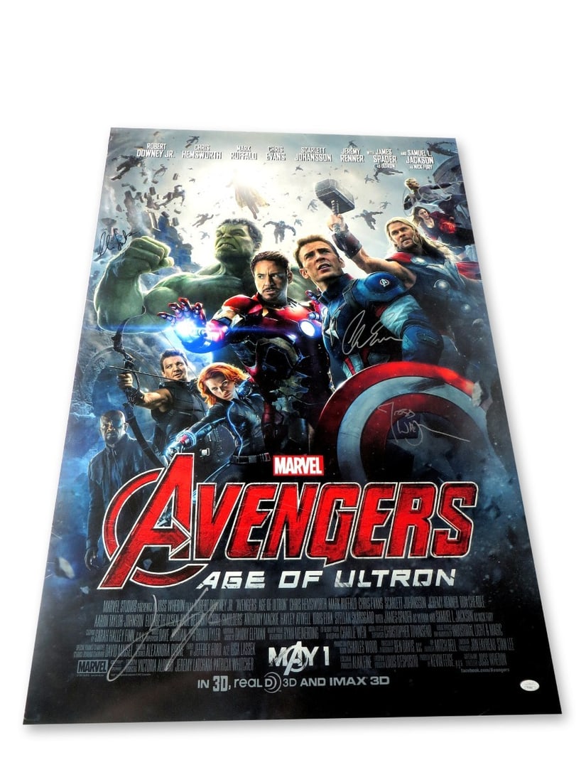 Avengers Age of Ultron Autographed 27x40 Poster Evans Spader Whedon JSA: Avengers Age of Ultron Autographed 27x40 Poster Evans Spader Whedon JSA This original 27" x 40" poster from 'Avengers: Age of Ultron' features the autographs of notable cast members including Chris Ev