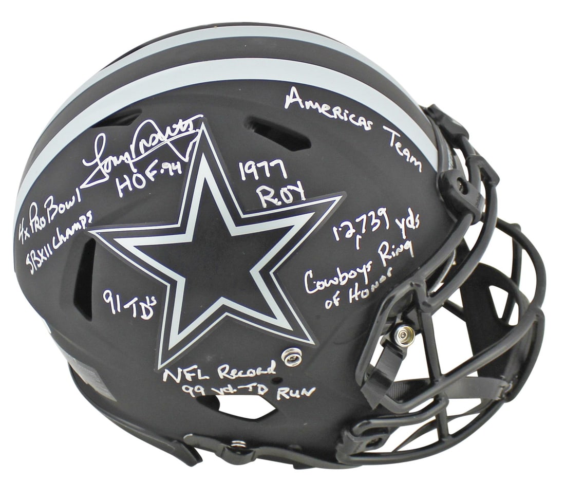 Tony Dorsett Signed Eclipse Speed Helmet with Inscription BAS: Tony Dorsett Signed Eclipse Speed Helmet with Inscription BAS Celebrate the legacy of Tony Dorsett with this autographed Proline Full Size Eclipse Speed Helmet. This authentic helmet features a striki