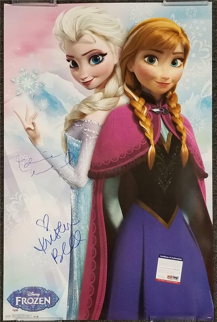 Idina Menzel Signed Disney Frozen Poster 22.5x34 PSA/DNA Authenticated: Idina Menzel Signed Disney Frozen Poster 22.5x34 PSA/DNA Authenticated This original poster features the signatures of Kristen Bell and Idina Menzel, renowned stars of Disney's Frozen. The poster meas