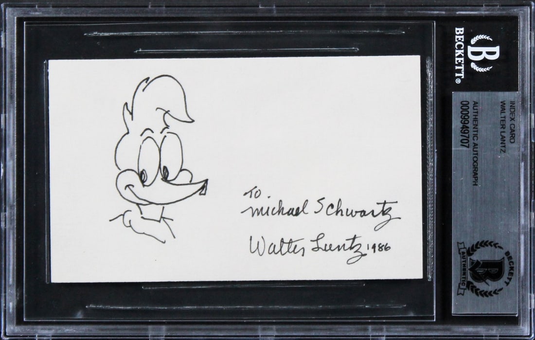 Walter Lantz Signed 3x5 Index Card with Woody Woodpecker Sketch BAS Authenticated: Walter Lantz Signed 3x5 Index Card with Woody Woodpecker Sketch BAS Authenticated This is a signed 3x5 index card featuring a sketch of Woody Woodpecker, personally autographed by Walter Lantz. The it