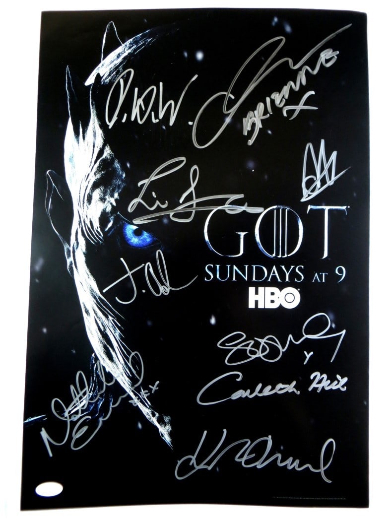 Game of Thrones Multi Signed 13x20 Poster 9 Autographs JSA: Game of Thrones Multi Signed 13x20 Poster 9 Autographs JSA This impressive multi-signed poster features a collection of signatures from notable cast members of the acclaimed series Game of Thrones. Au