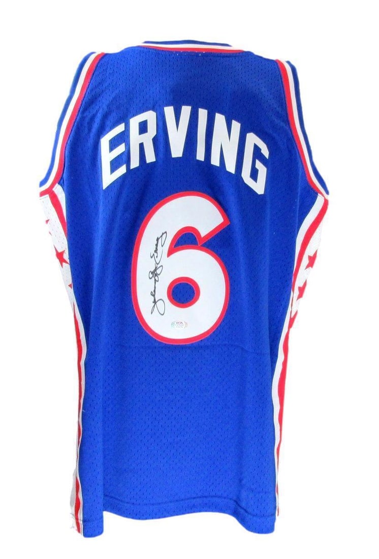 Julius Erving Autographed Mitchell & Ness Blue Jersey 76ers PSA/DNA: Julius Erving Autographed Mitchell & Ness Blue Jersey 76ers PSA/DNA Celebrate basketball history with this Julius 'Dr. J' Erving Hall of Fame autographed Mitchell & Ness blue jersey from the Philadelp