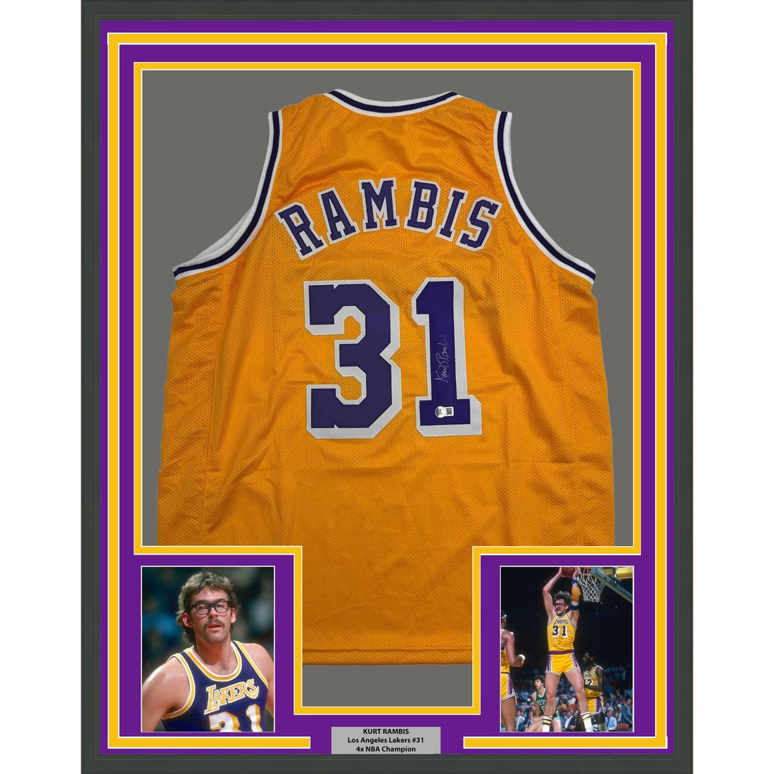 Kurt Rambis Signed Lakers Jersey in 35x39 Frame with Beckett COA: Kurt Rambis Signed Lakers Jersey in 35x39 Frame with Beckett COA This framed Los Angeles Lakers yellow jersey features the autograph of NBA player Kurt Rambis. The jersey is professionally framed and