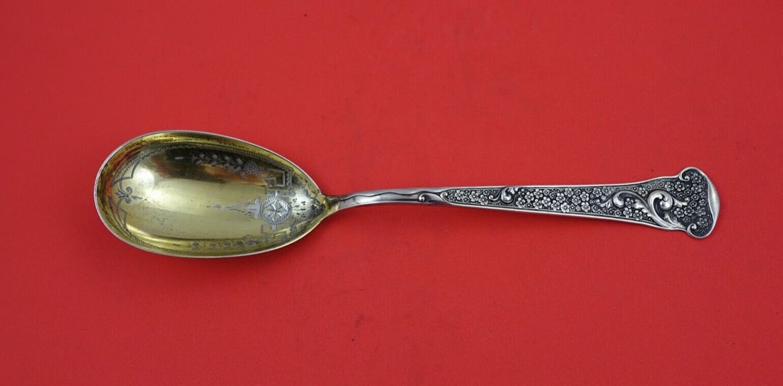 Frank Smith Sterling Silver Preserve Spoon Gold Wash Brite-Cut 8.5" Monogrammed: Frank Smith Sterling Silver Preserve Spoon Gold Wash Brite-Cut 8.5" Monogrammed This exquisite preserve spoon is crafted from sterling silver by Frank Smith, featuring a gold-washed, brite-cut finish.