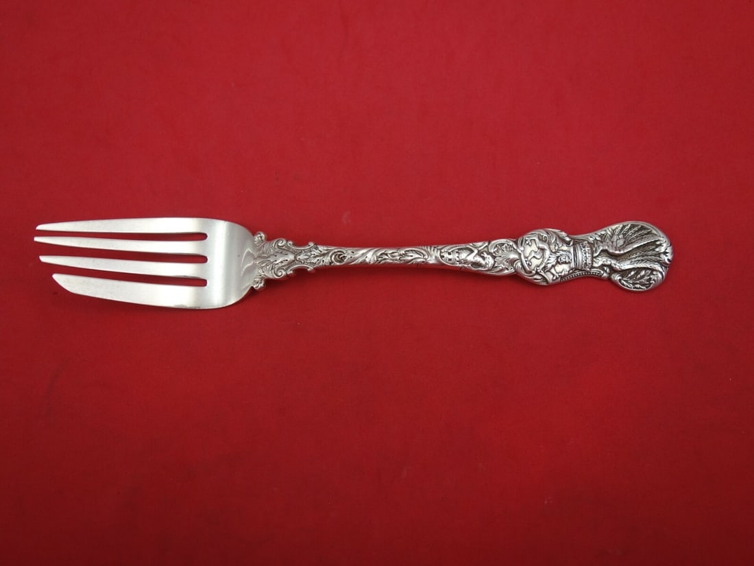 Durgin Heraldic Sterling Silver Cold Meat Fork 8.25 Antique Design: Durgin Heraldic Sterling Silver Cold Meat Fork 8.25 Antique Design This exquisite cold meat fork from the Heraldic pattern by Durgin is crafted in sterling silver and measures 8 1/4" in length. Introd