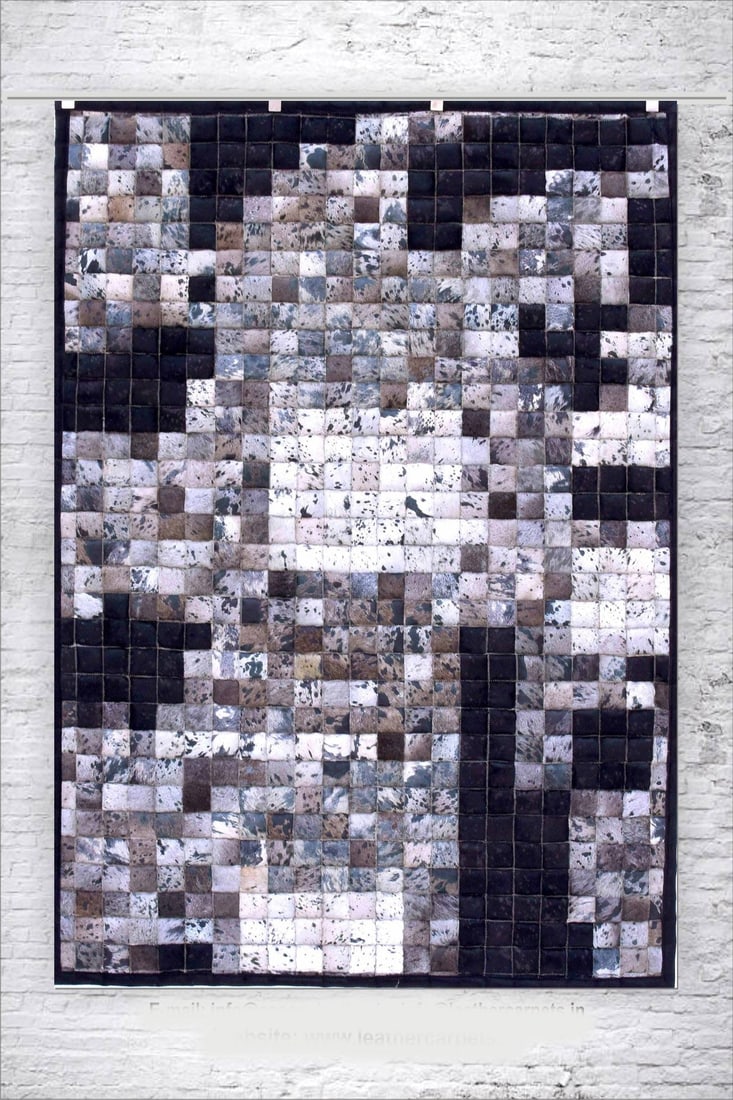 Handcrafted Pixelated Cowhide Leather Mosaic Carpet in Monochromatic Earth Tones: Handcrafted Pixelated Cowhide Leather Mosaic Carpet in Monochromatic Earth Tones Free continental US Shipping This premium handcrafted carpet features a pixelated mosaic design composed of small, prec