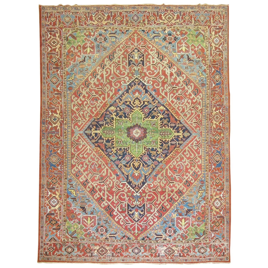 Vibrant Early 20th Century Persian Heriz Carpet Wool Hand-Knotted 8'7'' x 11'6'': Vibrant Early 20th Century Persian Heriz Carpet Wool Hand-Knotted 8'7'' x 11'6'' This stunning Antique Persian Heriz carpet features a unique color combination that enhances its charm and character. H