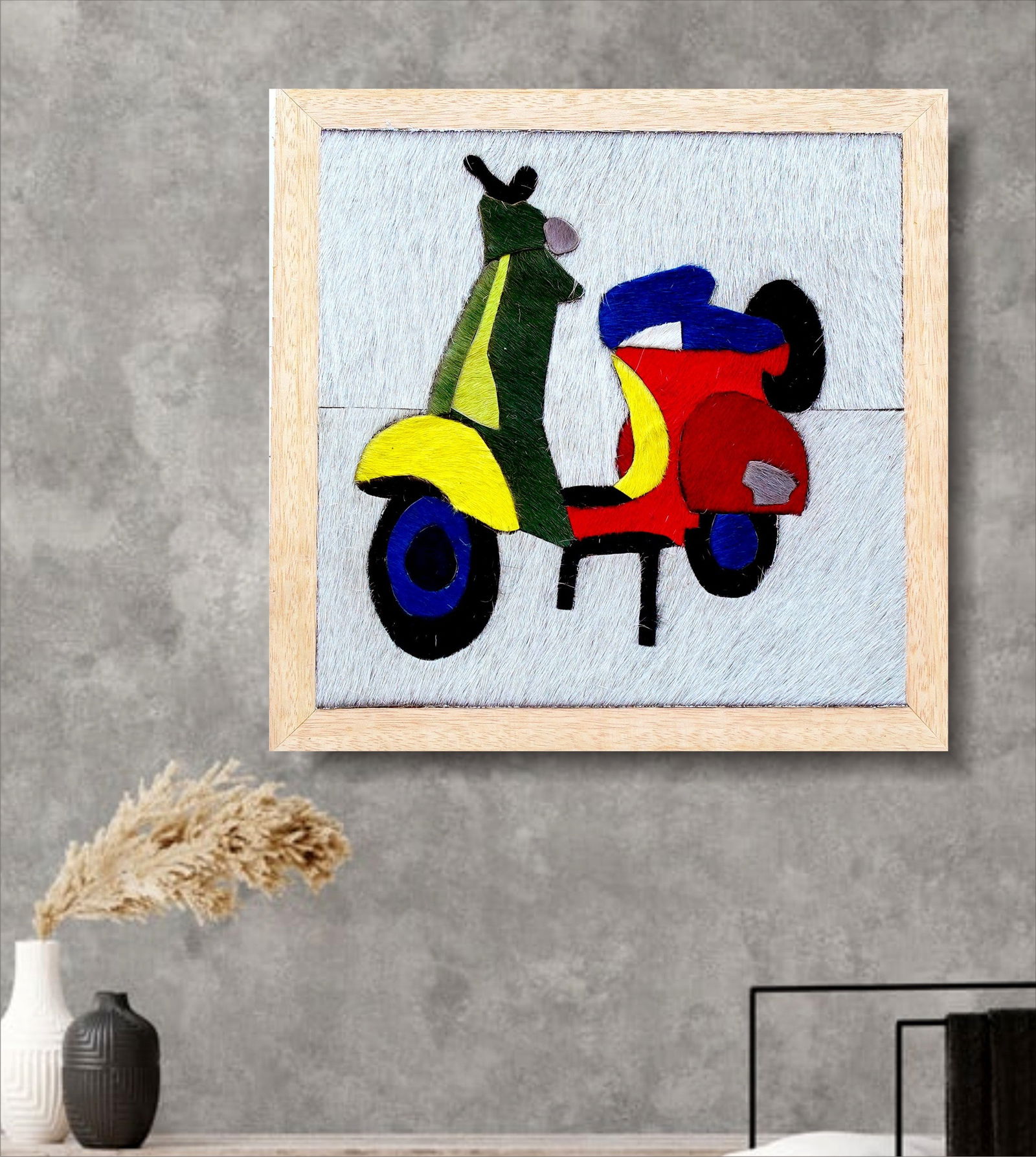 Handcrafted Cowhide Mosaic Wall Art Pop Art Scooter Retro Multi Color 12in x 12in: Handcrafted Cowhide Mosaic Wall Art Pop Art Scooter Retro Multi Color 12in x 12in Free continental US Shipping This handcrafted mosaic wall art features a vibrant pop-art scooter design, meticulously