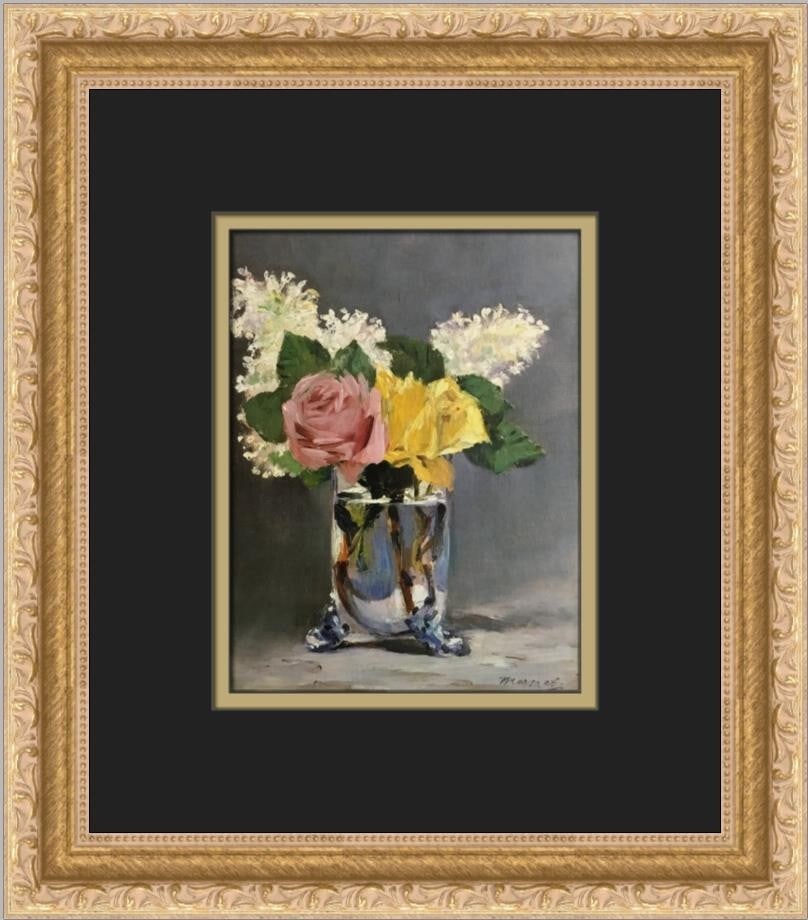 Claude Monet Lilacs and Roses Custom Framed Art Print 13 x 11: Claude Monet Lilacs and Roses Custom Framed Art Print 13 x 11 This exquisite reproduction of Claude Monet's famous 'Lilacs and Roses' showcases the artist's signature Impressionist style. The print is