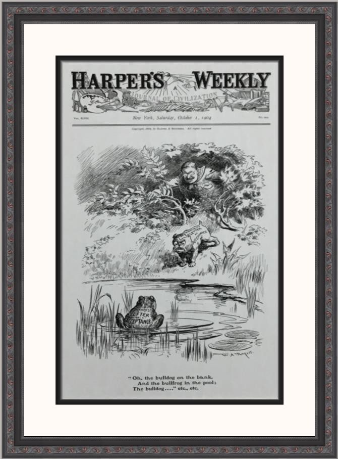 Harper's Weekly Bulldog and Bullfrog by W A Rogers Custom Framed Art Print: Harper's Weekly Bulldog and Bullfrog by W A Rogers Custom Framed Art Print This striking custom-framed print titled "Bulldog and Bullfrog" features artwork by W A Rogers, showcasing realism in its des