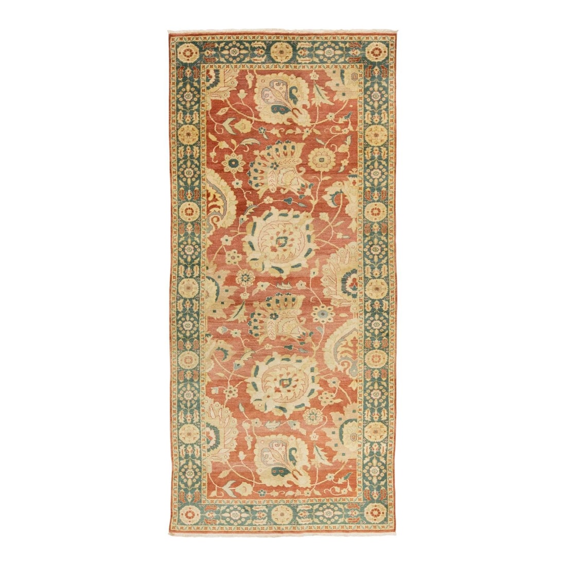 Handmade Coral Orange Sultanabad Wool Rug 5'1 x 11'3: Handmade Coral Orange Sultanabad Wool Rug 5'1 x 11'3 This exquisite handmade Persian Sultanabad wool rug showcases a vibrant coral orange field adorned with multicolored floral accents, bringing warmt
