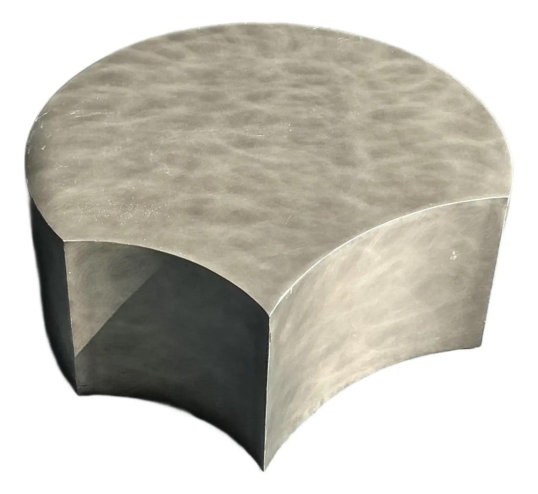 Aluminum Drum Coffee Table With Concave Sculptural Design Postmodern Vintage: Aluminum Drum Coffee Table With Concave Sculptural Design Postmodern Vintage This vintage postmodern coffee table features a sculptural geometric drum silhouette with a distinctive concave cutout desi