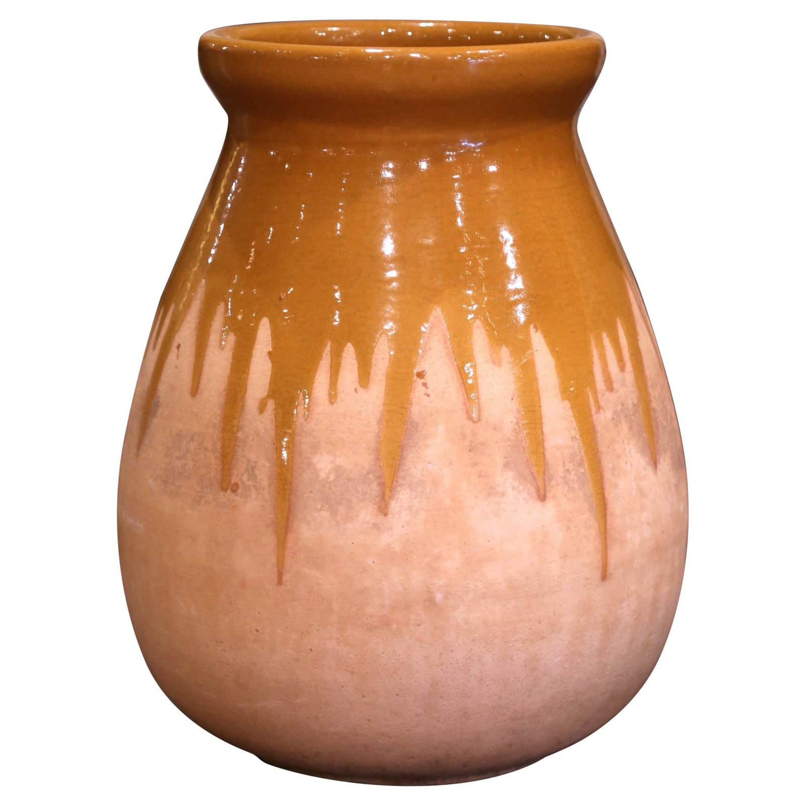 French Glazed Terracotta Olive Oil Jar Circa 1970 from Provence: French Glazed Terracotta Olive Oil Jar Circa 1970 from Provence This mid-century French terracotta olive jar from Provence, crafted circa 1970, features a classic round form made from blond clay. The