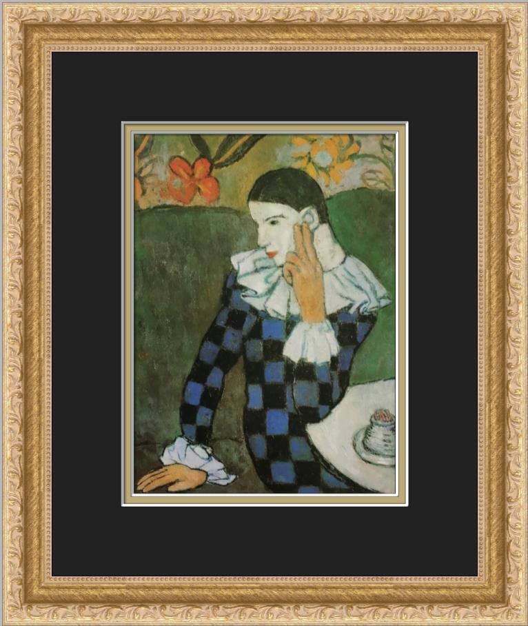 Pablo Picasso Harlequin Leaning on Elbow Custom Framed Print 12.5 x 14.5: Pablo Picasso Harlequin Leaning on Elbow Custom Framed Print 12.5 x 14.5 This exquisite print titled "Harlequin Leaning on his Elbow" by Pablo Picasso showcases the artist's signature abstract cubism