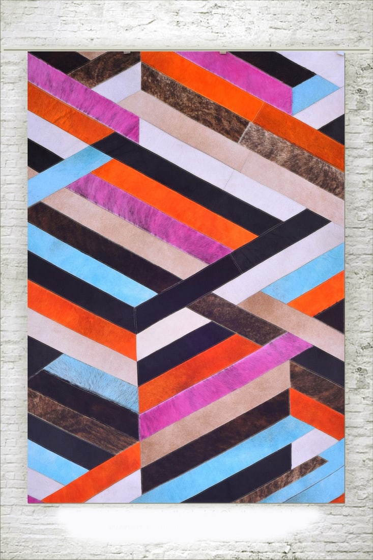 Geometric 3D Prism Cowhide Leather Patchwork Rug Pink Orange 3ft x 5ft: Geometric 3D Prism Cowhide Leather Patchwork Rug Pink Orange 3ft x 5ft Free continental US Shipping This handcrafted geometric carpet features a dynamic 3D prism patchwork design in vibrant pink and o
